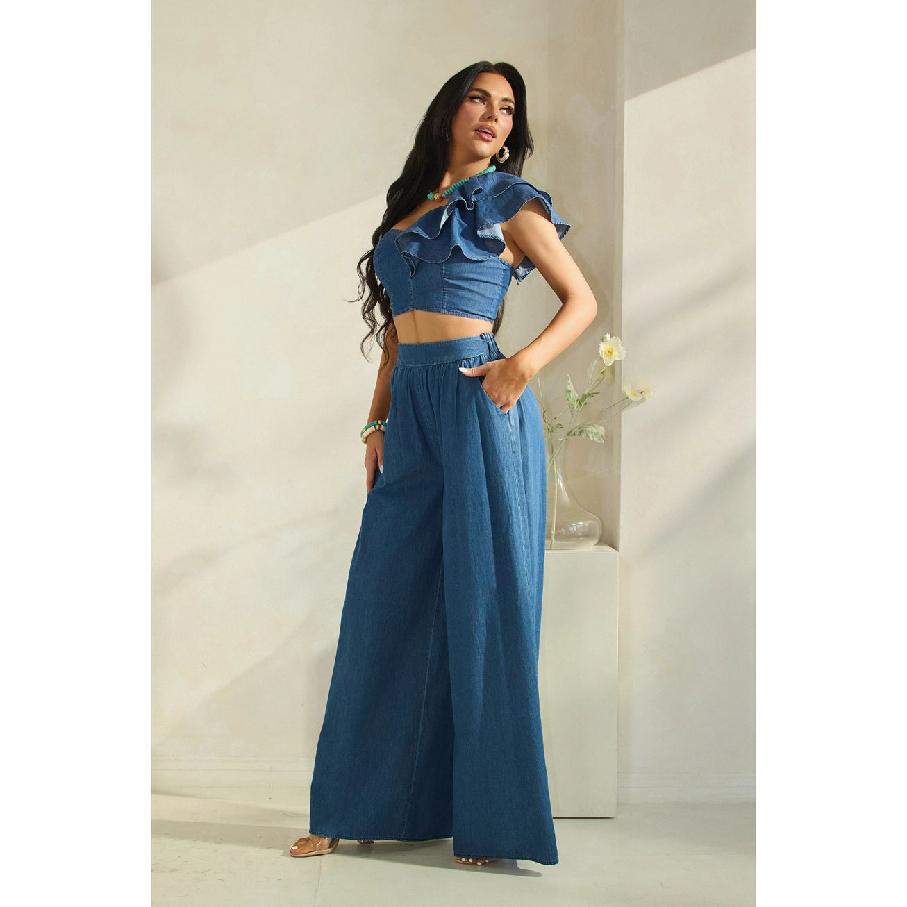 One Shoulder Ruffled Crop Top with Matching Wide Pants Set