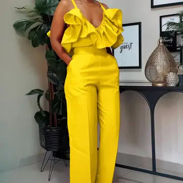 Stylish V-Neck Ruffled Halter Top High-Waisted Pantsuit Fun