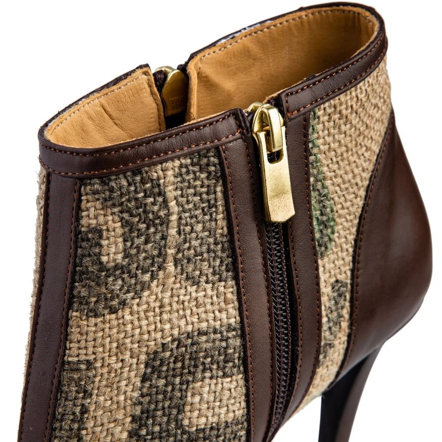 Coffee Burlap Peep Toe Ankle Boots