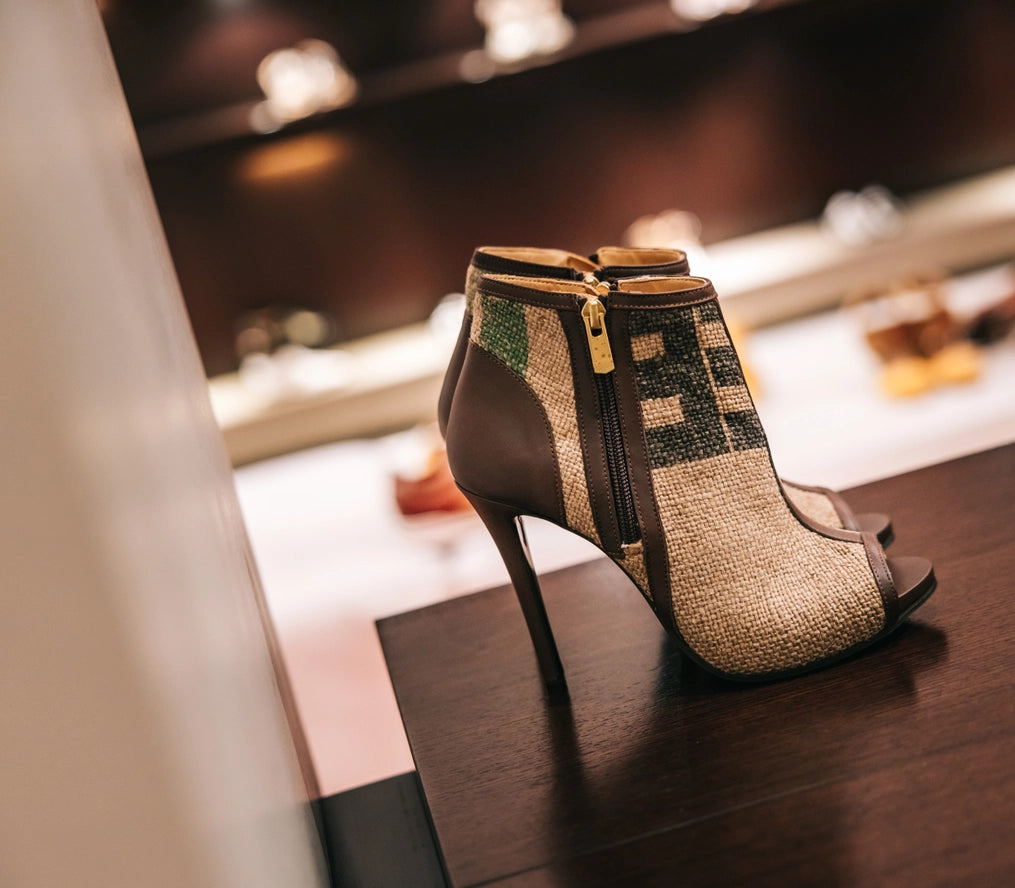 Coffee Burlap Peep Toe Ankle Boots