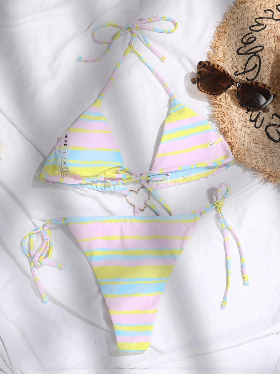 Color Triangle Cup Bandage Lace-Up Heart-Shaped Bikini