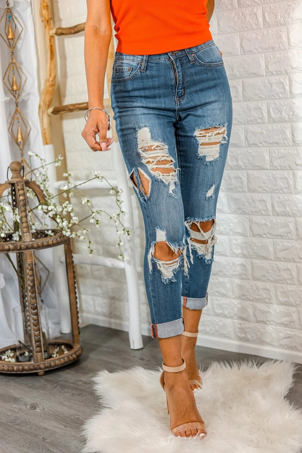 Split Decision Ripped High Waisted Boyfriend Jeans