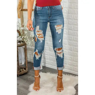 Split Decision Ripped High Waisted Boyfriend Jeans