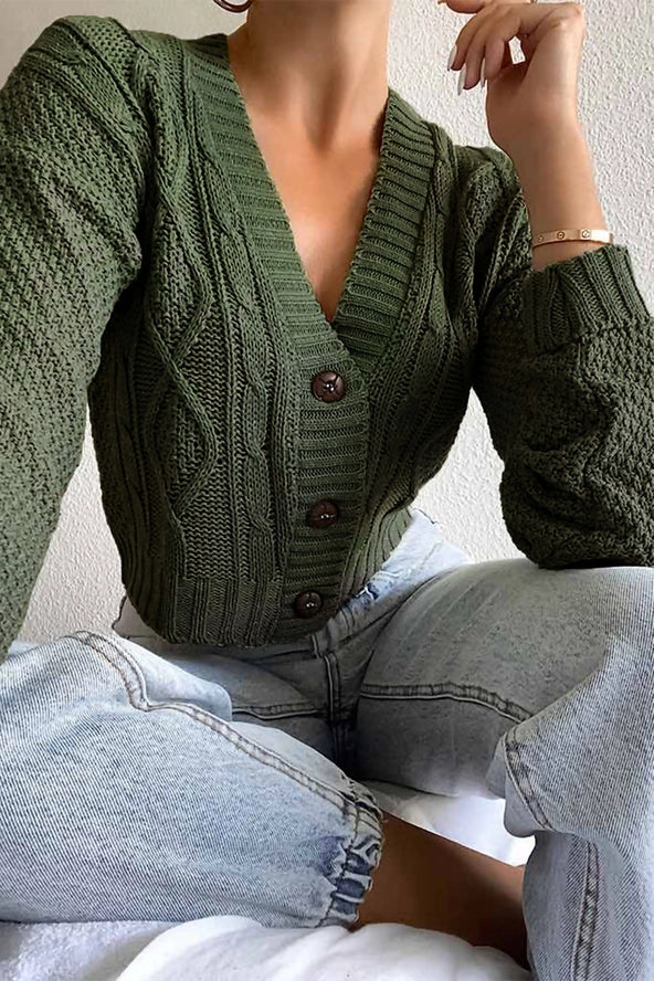 Cable Cropped Button Up Cardigan