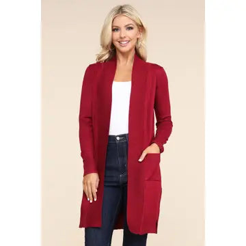 Long Sleeve Open Front Cardigan with Side Pockets