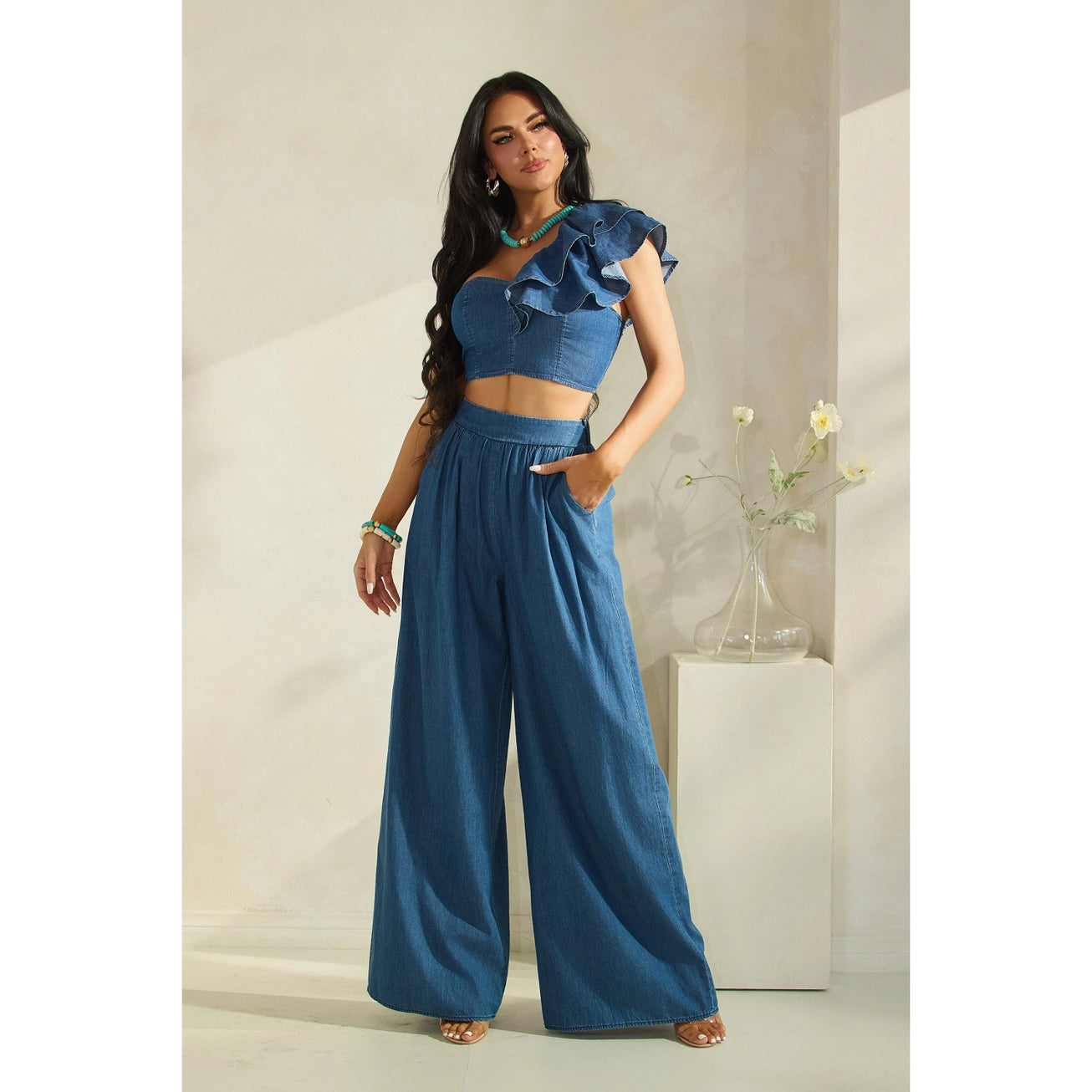 One Shoulder Ruffled Crop Top with Matching Wide Pants Set