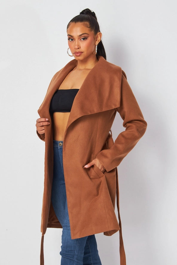 Alvina Faux Wool Belted Wrap Knee Length Coat