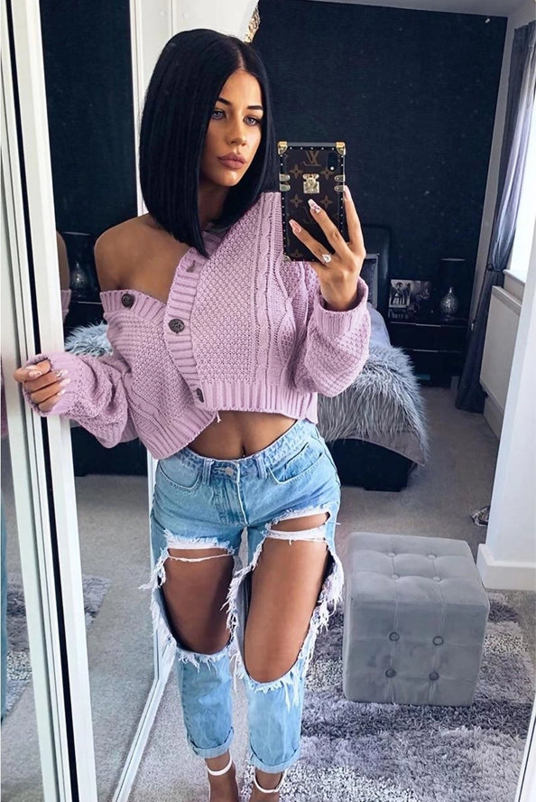 Cable Cropped Button Up Cardigan