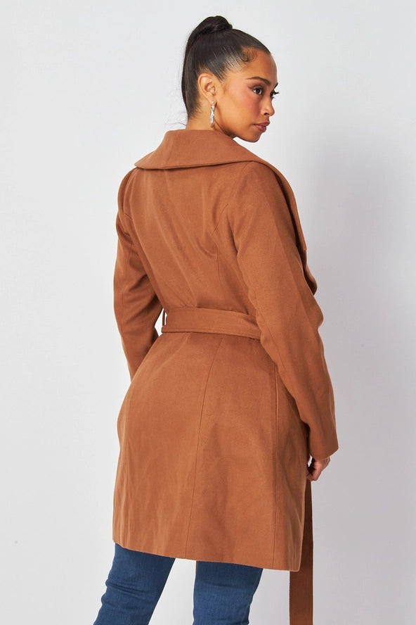 Alvina Faux Wool Belted Wrap Knee Length Coat
