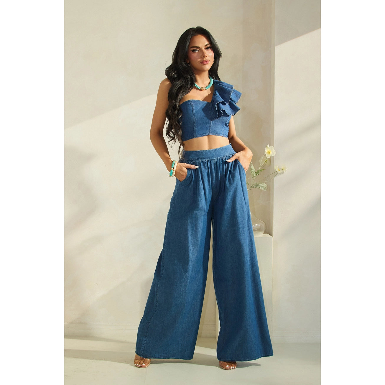 One Shoulder Ruffled Crop Top with Matching Wide Pants Set