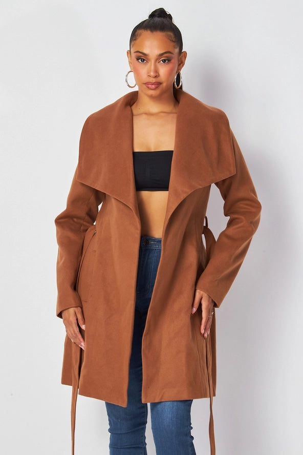 Alvina Faux Wool Belted Wrap Knee Length Coat