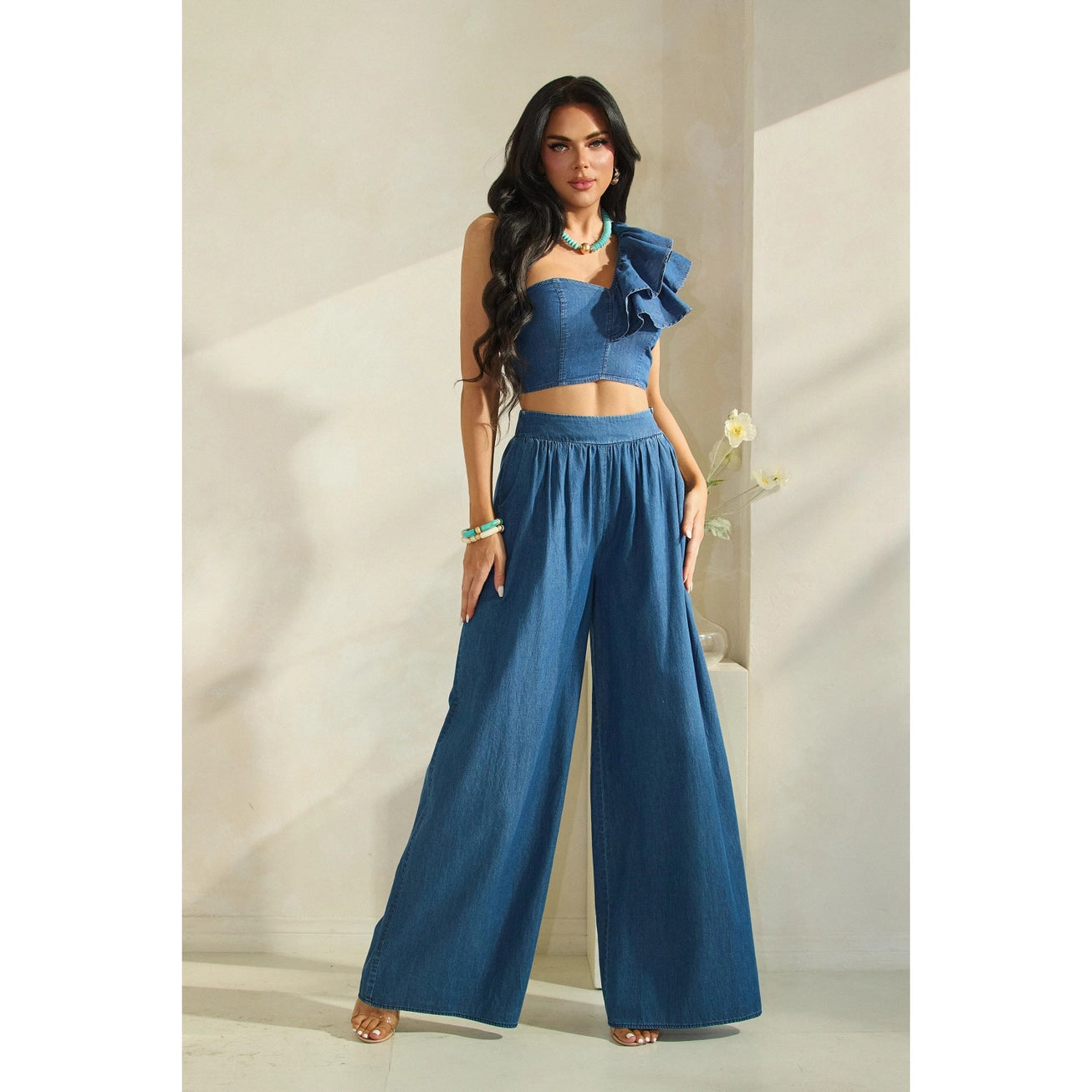 One Shoulder Ruffled Crop Top with Matching Wide Pants Set