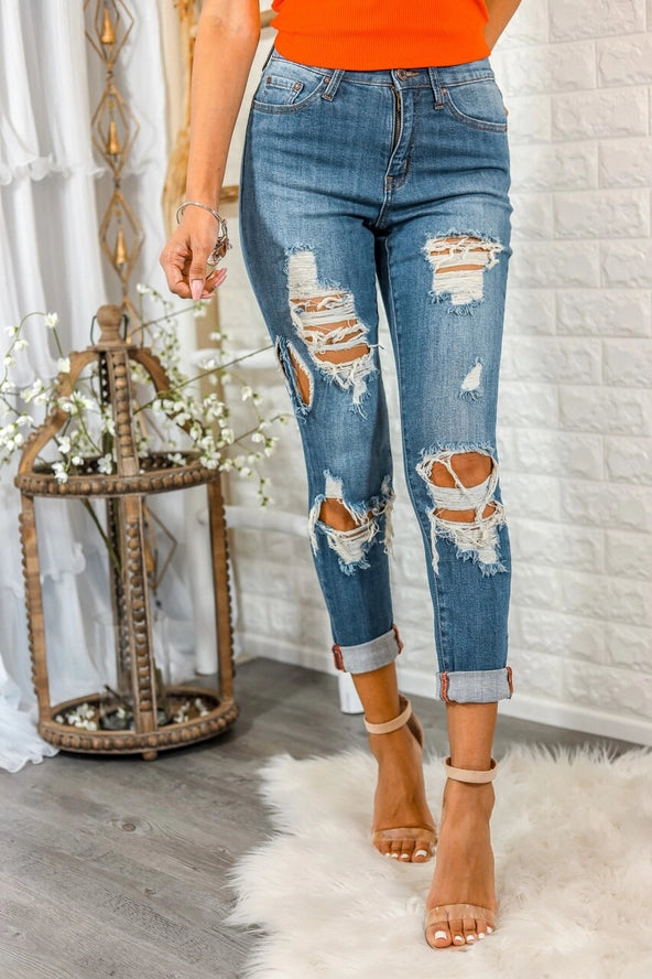 Split Decision Ripped High Waisted Boyfriend Jeans