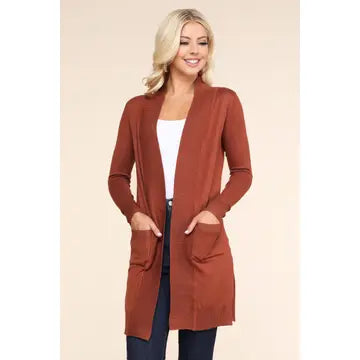 Long Sleeve Open Front Cardigan with Side Pockets