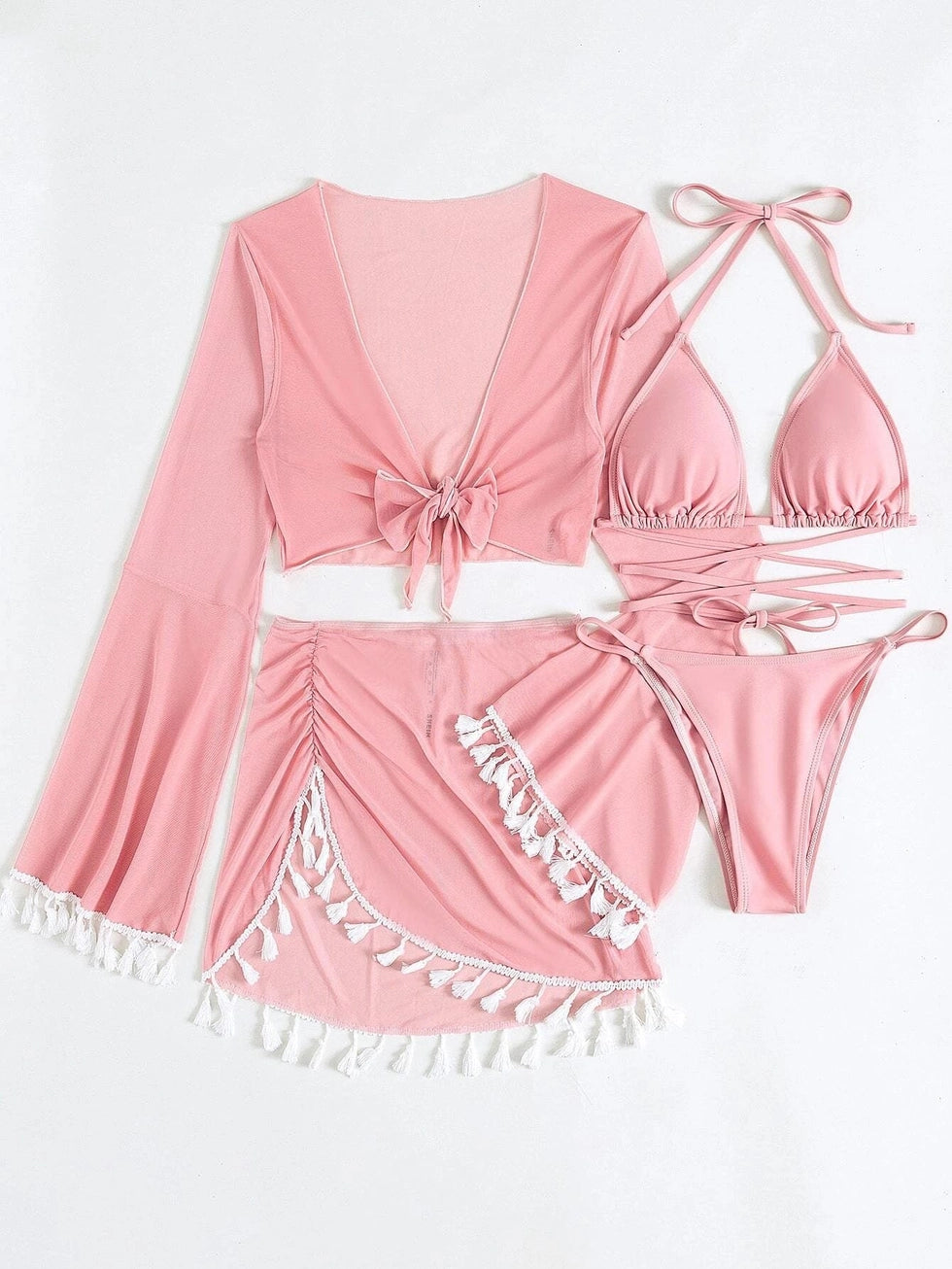 Three or Four Piece Suit Solid Color Tassel Lace Up Long Sleeve Suit