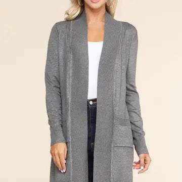 Long Sleeve Open Front Cardigan with Side Pockets