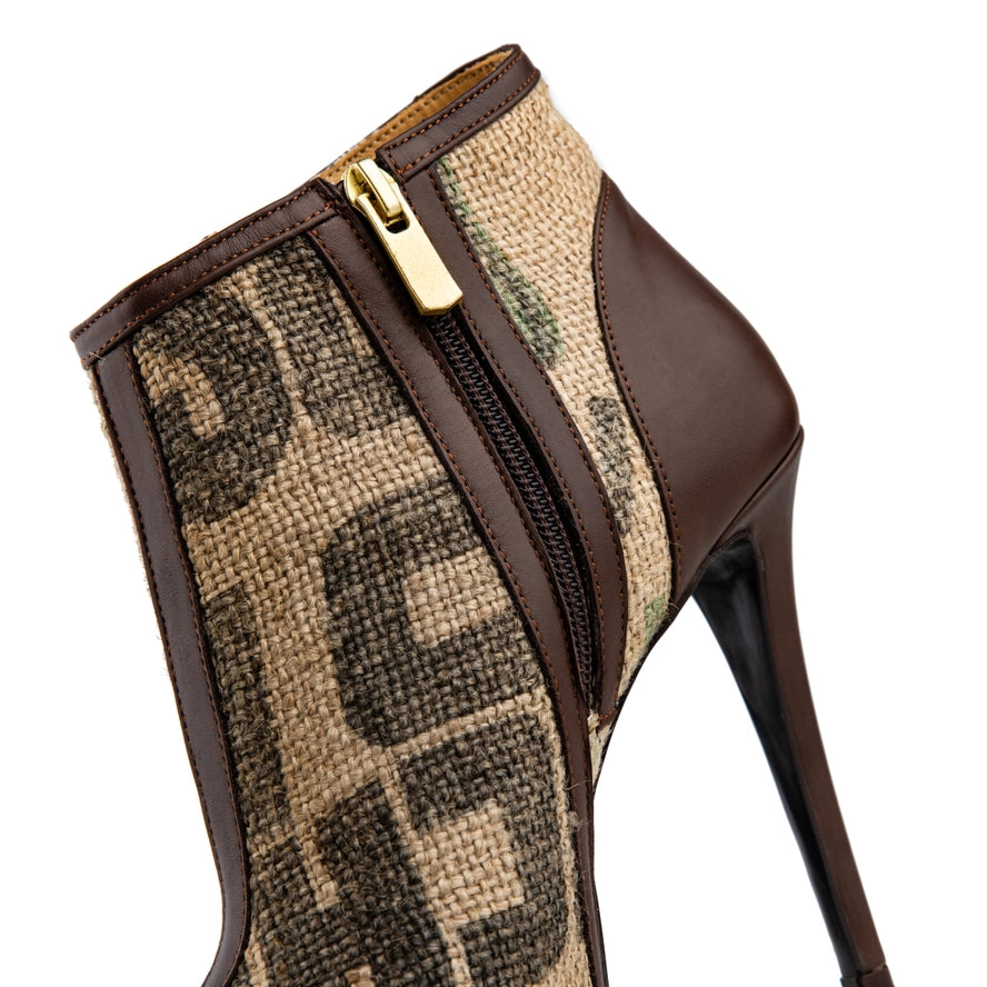 Coffee Burlap Peep Toe Ankle Boots