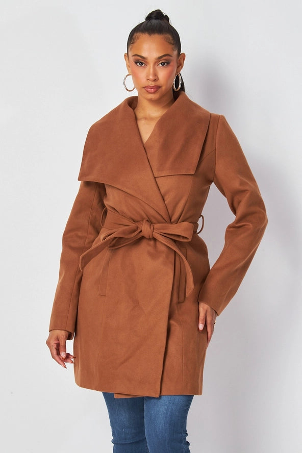 Alvina Faux Wool Belted Wrap Knee Length Coat
