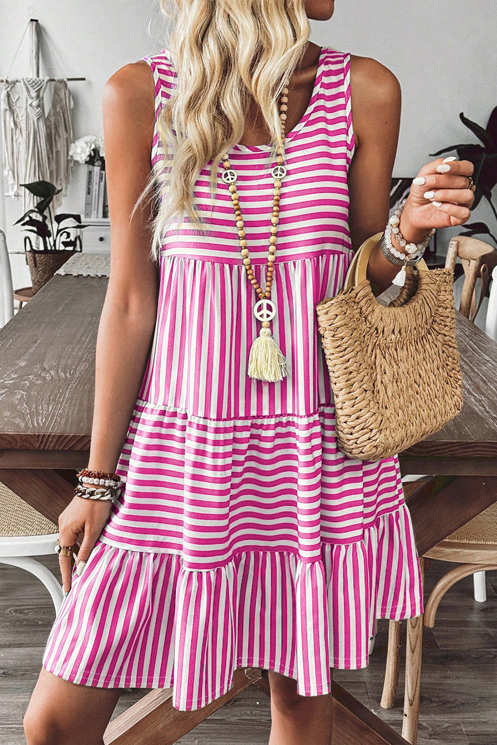 Sky Blue Striped U Neck Sleeveless Loose Fit Mini Dress