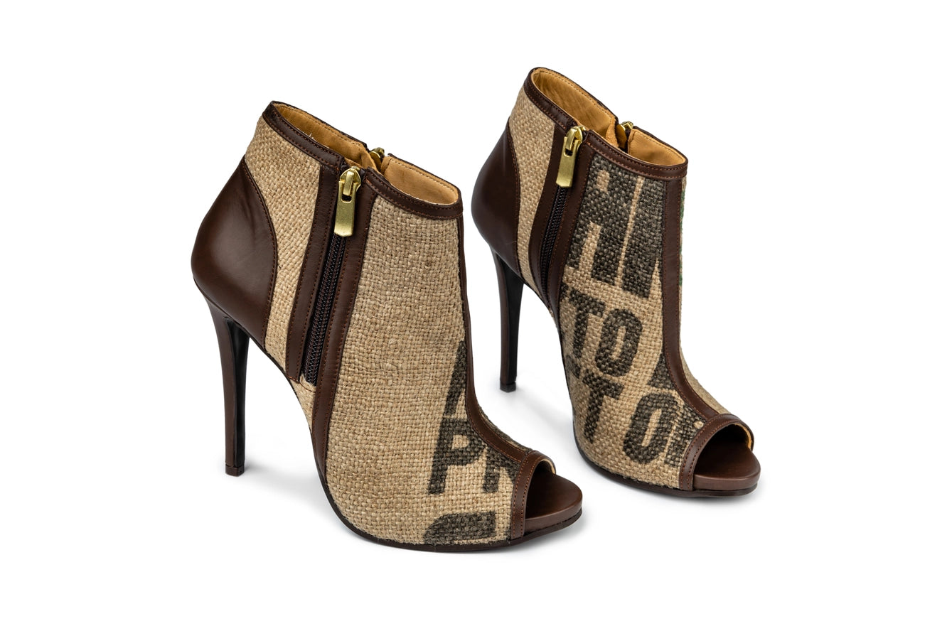Coffee Burlap Peep Toe Ankle Boots