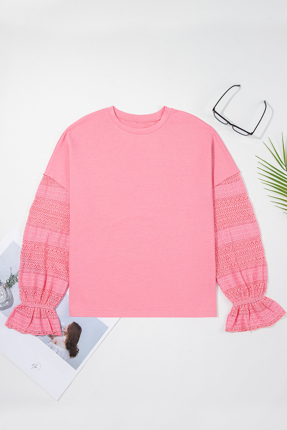 Sachet Pink Lace Patchwork Sleeve Loose Sweatshirt