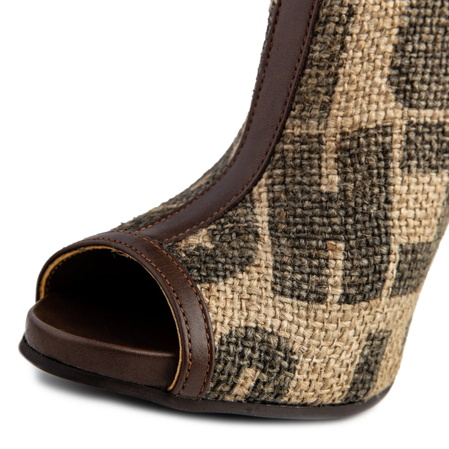 Coffee Burlap Peep Toe Ankle Boots