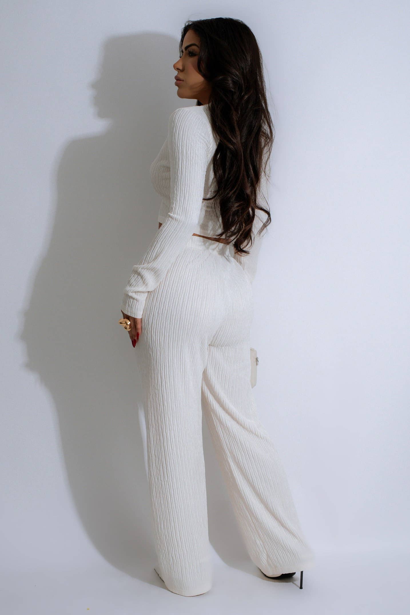 CRINKLED PLISSE ZIP UP LONG SLEEVE LOUNGEWEAR SET