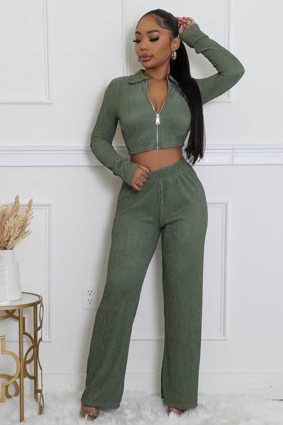 CRINKLED PLISSE ZIP UP LONG SLEEVE LOUNGEWEAR SET
