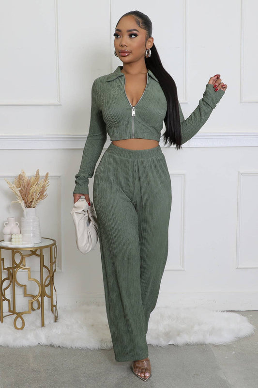 CRINKLED PLISSE ZIP UP LONG SLEEVE LOUNGEWEAR SET