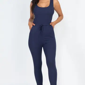Ribbed Sleeveless Drawstring Jumpsuit