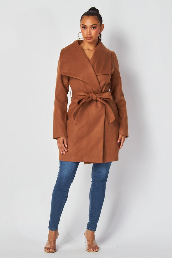 Alvina Faux Wool Belted Wrap Knee Length Coat