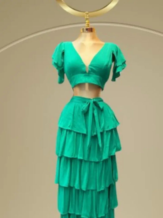2 Pc Green Ruffle Skirt Set