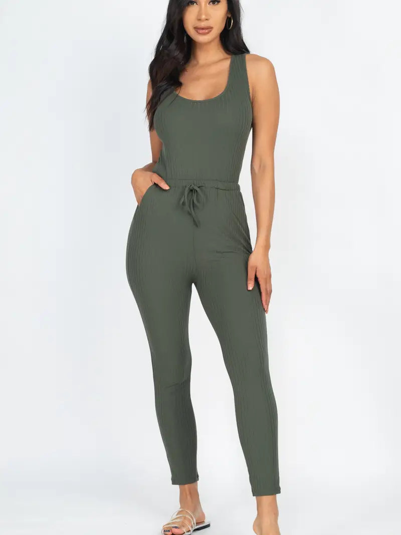 Ribbed Sleeveless Drawstring Jumpsuit