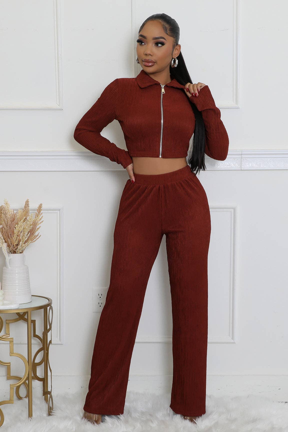 CRINKLED PLISSE ZIP UP LONG SLEEVE LOUNGEWEAR SET