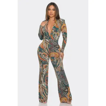 Shoulder Pad Wrap Print Jumpsuit