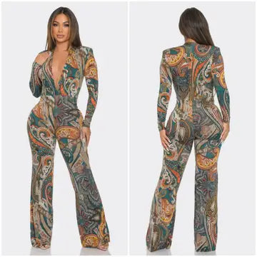 Shoulder Pad Wrap Print Jumpsuit