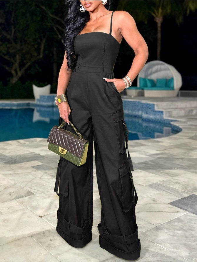 Stylish Bandeau Pocket Patchwork Wide-Leg Jumpsuit