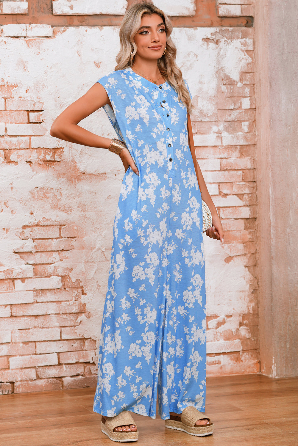 Pink Floral Print Sleeveless Wide Leg Jumpsuit