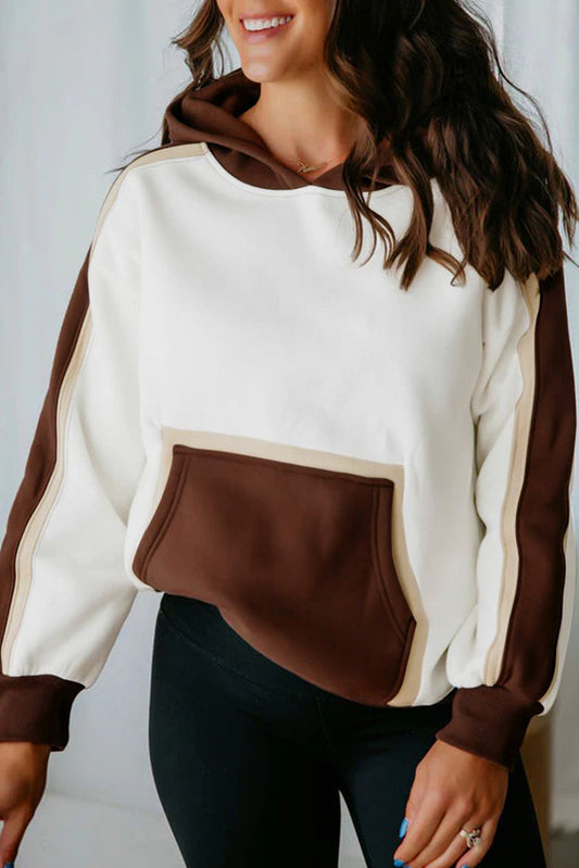 Coffee Colorblock Kangaroo Pocket Long Sleeve Hoodie