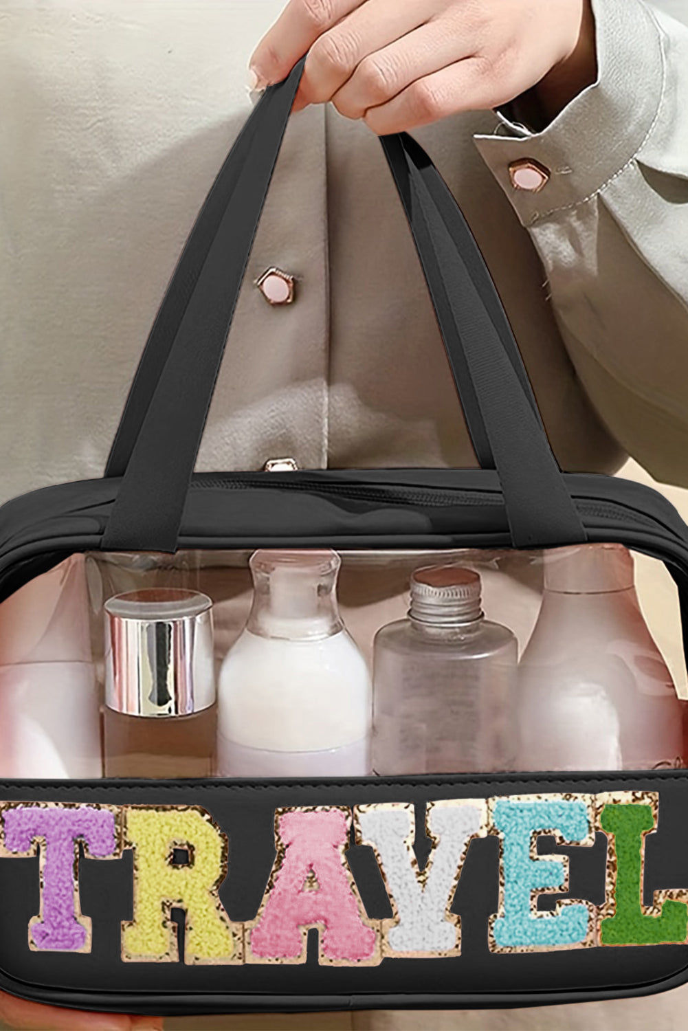 Parchment TRAVEL Letter Print Clear PVC Makeup Bag