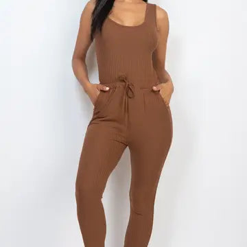 Ribbed Sleeveless Drawstring Jumpsuit