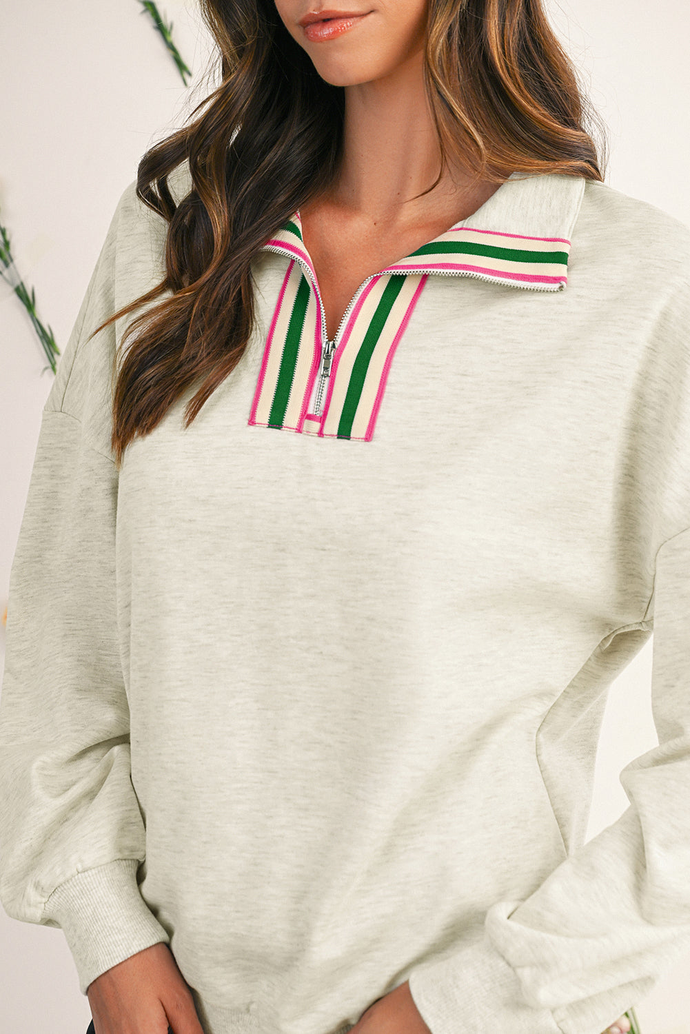 Vineyard Green Pop of Color Collared Patchwork Pullover Sweatshirt