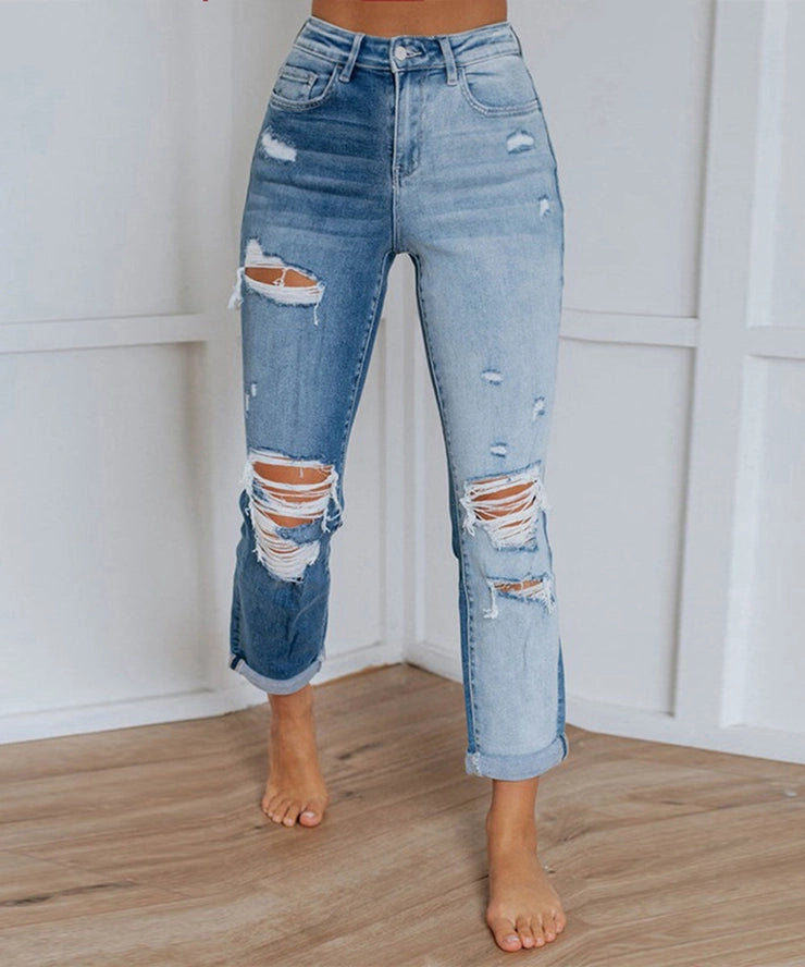Stylish Gradient Ripped Straight Leg Jeans