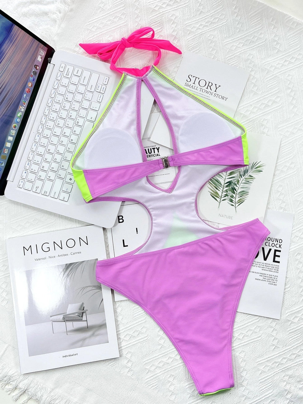 Contrast Color One Piece Hollow Out Cutout Swimsuit