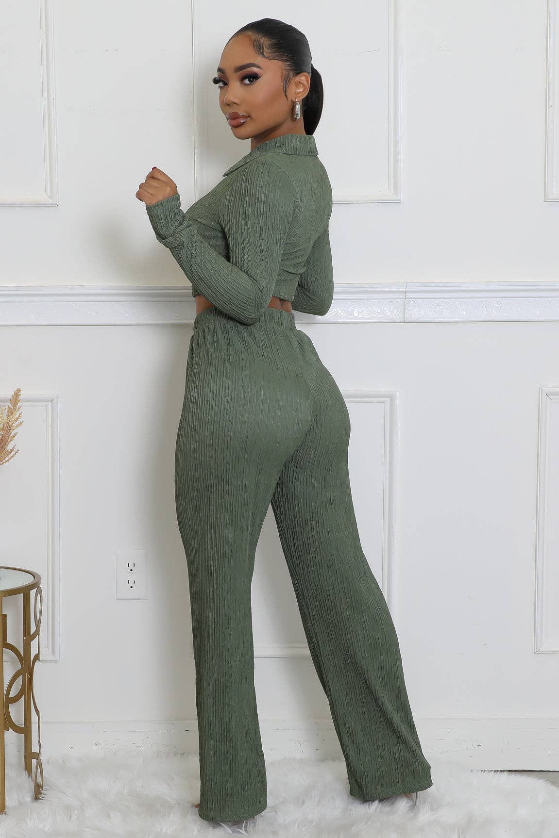 CRINKLED PLISSE ZIP UP LONG SLEEVE LOUNGEWEAR SET
