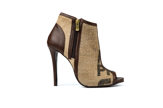 Coffee Burlap Peep Toe Ankle Boots
