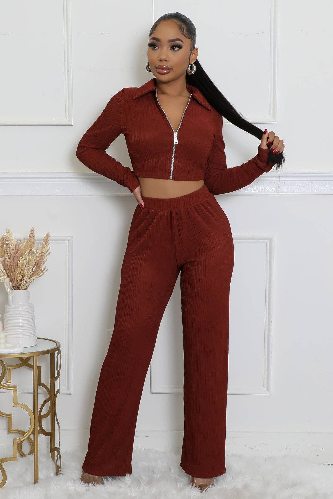 CRINKLED PLISSE ZIP UP LONG SLEEVE LOUNGEWEAR SET