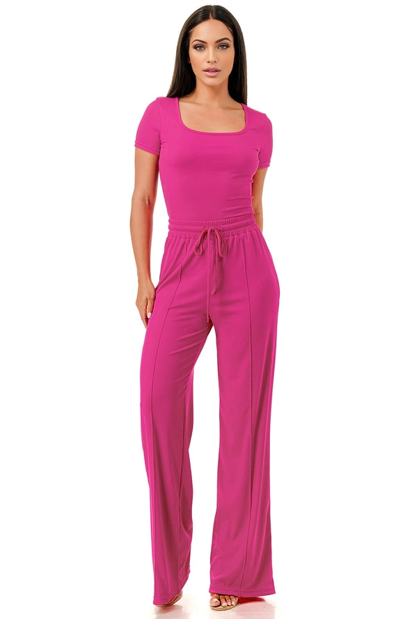 Slinky Short Sleeve Body Suit with Flare Pants Fashion Set