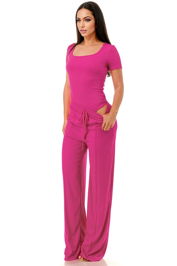 Slinky Short Sleeve Body Suit with Flare Pants Fashion Set