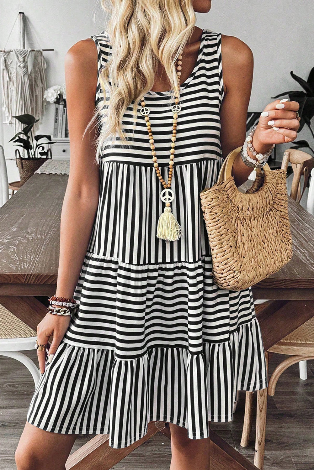 Sky Blue Striped U Neck Sleeveless Loose Fit Mini Dress